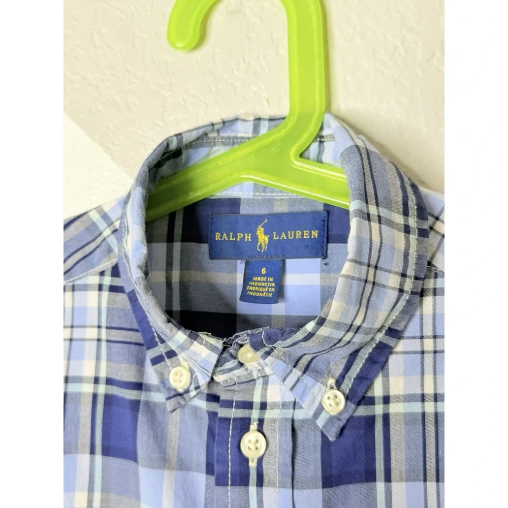 Ralph Lauren Boys Size 6 Blue Plaid Long Sleeve Button Down Cotton Shirt Preppy